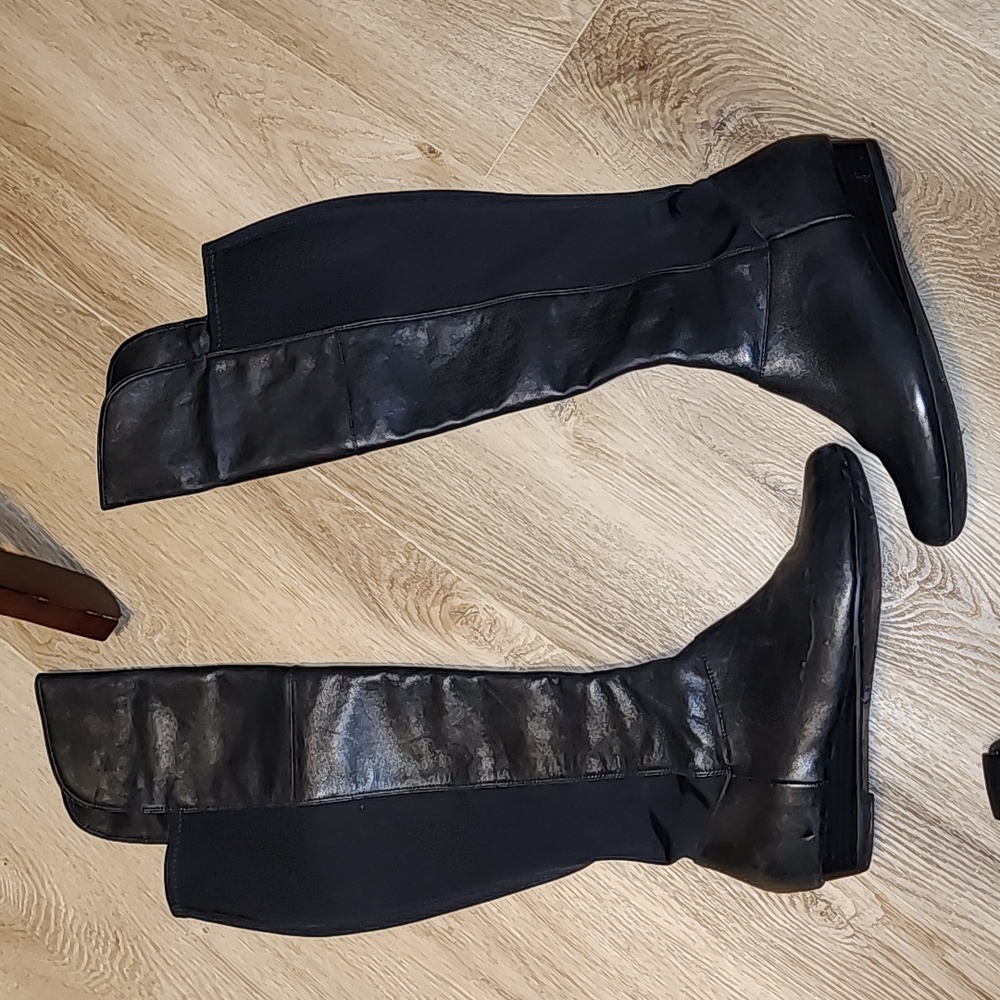 INDIGO brand BLACK REAL LEATHER ELASTICIZED CALF OVER THE KNEE BOOTS EUC…